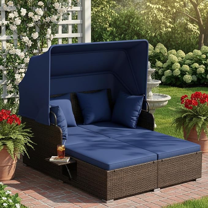 Tangkula Patio Rattan Daybed with Retractable Canopy, Outdoor Wicker Sunbed with 2 Foldable Side Tables - Photo 2