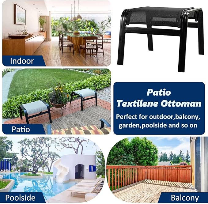Patio Outdoor Ottoman Assembled Aluminum Footstools Small Seat Side Table Footrest for Balcony, Poolside 2 Set Black - Photo 6