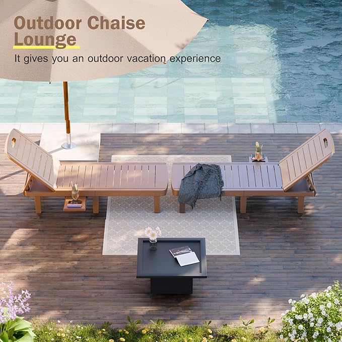 CDCASA Outdoor Chaise Lounge Set of 4, Pool Lounge Chairs w/5 Adjustable Positions & Side Tray, Waterproof Resin Lounges for Poolside,Yard,Garden,Sunbathing, for All Weather, Brown