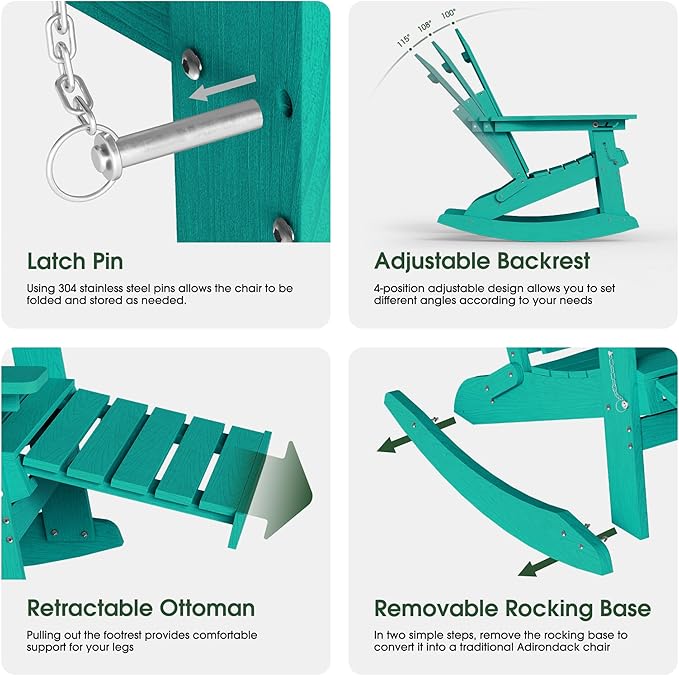 Adirondack Rocking Chair with Retractable Ottoman Set of 4, 4-in-1 Foldable Reclining Patio Chair, HDPE Wood-Look Outdoor Rocker for Porch, Garden & Poolside, Lake Blue