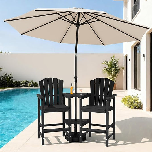 KINGYES Tall Adirondack Chair Set of 2 with 9FT Umbrella, Outdoor HDPE Adirondack Barstools with Double Connecting Trays, High Airondack Chair with Wood Grain, Embossed Balcony Chair, Backyard, Black