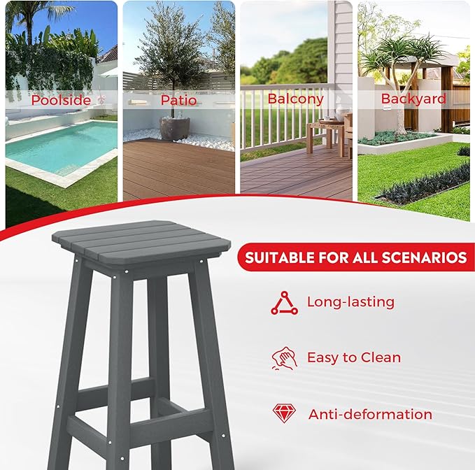 Costaelm 29" Height Outdoor Bar Stools, All-Weather Bar Stools, Adirondack Poly Patio Square Bar Stool for Patio, Deck, Kitchen Counter and Garden, Gray