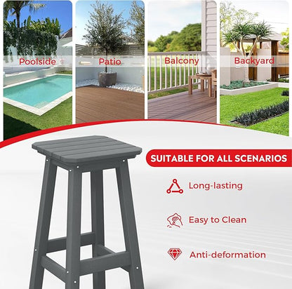 Costaelm 29" Height Outdoor Bar Stools, All-Weather Bar Stools, Adirondack Poly Patio Square Bar Stool for Patio, Deck, Kitchen Counter and Garden, Gray