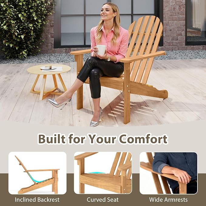 Tangkula Outdoor Adirondack Chair, Solid Acacia Wood Fire Pit Chair with Inclined Backrest, Curved Seat & Wide Armrests, Wooden Lawn Chair for Porch, Patio, Garden, Backyard, Deck (2, Natural)