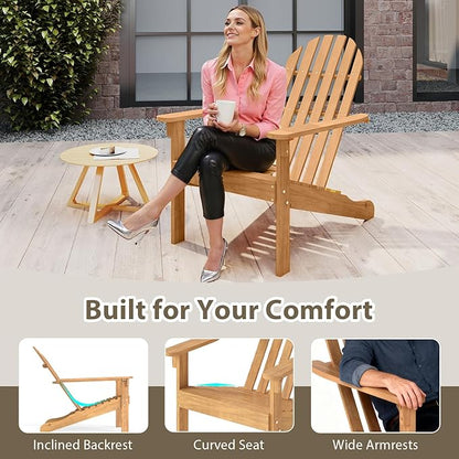 Tangkula Outdoor Adirondack Chair, Solid Acacia Wood Fire Pit Chair with Inclined Backrest, Curved Seat & Wide Armrests, Wooden Lawn Chair for Porch, Patio, Garden, Backyard, Deck (2, Natural)