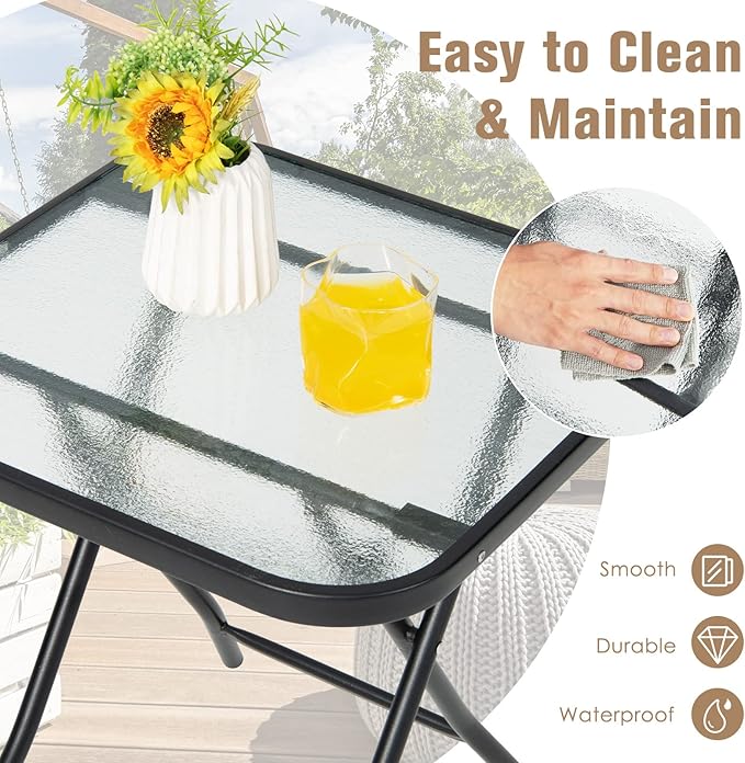 Tangkula Patio Bistro Table, 18" Square Glass Top Side Table with Rustproof Frame, Folding Coffee Table for Patio, Balcony, Backyard, Poolside(Black)