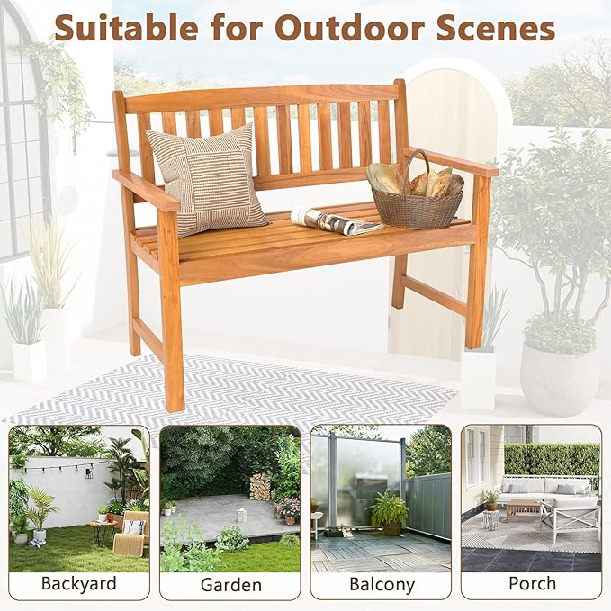 RELAX4LIFE Outdoor Bench Acacia Wood - 2-Person Garden Bench w/Backrest & Armrests, Slatted Wooden Patio Loveseat Chair for Front Porch Poolside Park Backyard, 800 LBS Weight Capacity (43'')