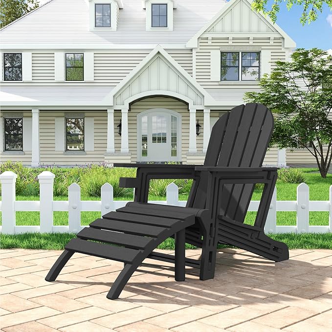 Adirondack Ottoman Tool-Free Assembly, HDPE All Weather Outdoor Foot Rest, Plastic Adirondack Chair Footstool for Patio Deck Backyard Outside(Black)
