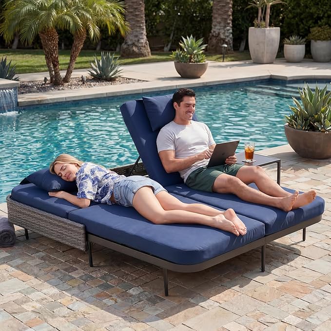 NICESOUL Double Chaise Lounge Outdoor, 51.2" Wide 2-Person Daybed with Independent Recline - Photo 1