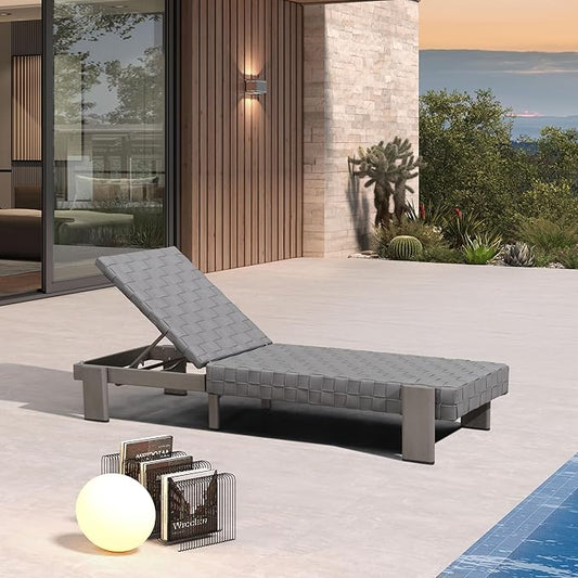 PURPLE LEAF Patio Lounge Chair Modern Luxury Outdoor Chaise Lounge 1 Piece with Adjustable Backrest Aluminum PU Leather Style Chaise Lounge Chairs for Pool Garden Backyard Beach, Grey