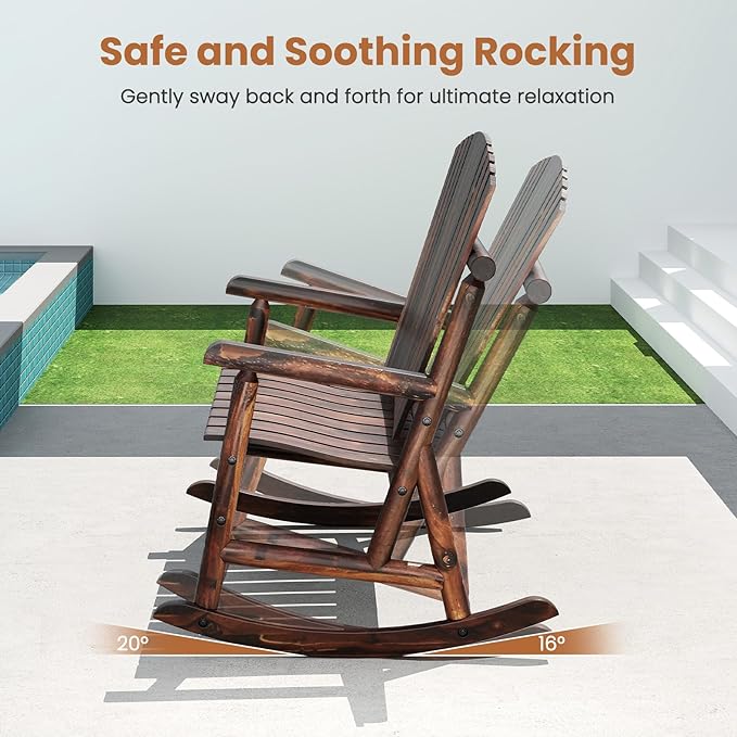 Giantex 2 Pcs Outdoor Wooden Rocking Bench, 2-Person Adirondack Porch Rocker Chair with High Back and Slatted Seat, Rustic Log Loveseat for Front Porch Patio, Backyard, Garden, Brown, 51”x38”x46”