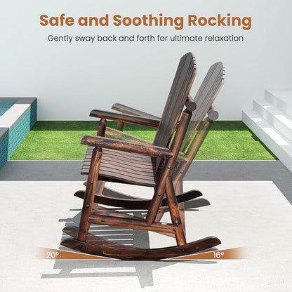 Giantex 2 Pcs Outdoor Wooden Rocking Bench, 2-Person Adirondack Porch Rocker Chair with High Back and Slatted Seat, Rustic Log Loveseat for Front Porch Patio, Backyard, Garden, Brown, 51”x38”x46”