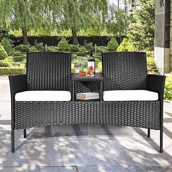 Outdoor Loveseat, 2 Seats Chair with Table, Cushions, Tempered Glass Tabletop, Wicker Patio Conversation Furniture Set - Photo 1