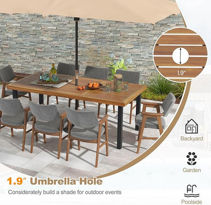Tangkula 79" Acacia Wood Patio Dining Table for 8, Large 8-Person Outdoor Dining Table with 1.9" Umbrella Hole, Metal Legs & Adjustable Foot Pads, Rectangular Outside Table for Garden, Poolside & Yard