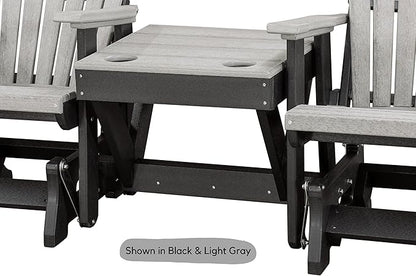 DutchCrafters Slat Fan Back Double Poly Adirondack Glider Outdoor Patio Chairs with Center Table (Tudor Brown & Weatherwood)