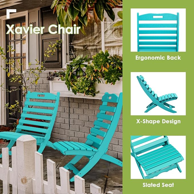 GREENVINES Folding-Xavier-Chair | Wave | Portable Adirondack-Chairs | HDPE Plastic | All Weather Fire-Pit Chair | Aqua - Photo 3