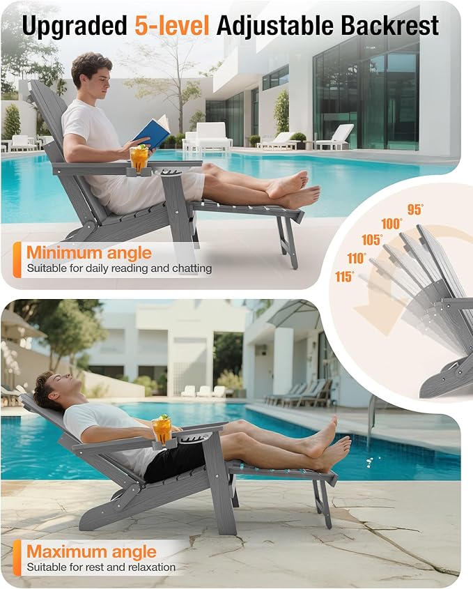 YEFU Adjustable Adirondack Chair with Retractable Ottoman Set of 8,Folding Adirondack Chair with 2 Cup-Holders, Outdoor Chairs with Footrest,Weather Resistant Fire Pit Chairs,for Patio Lawn(Grey)