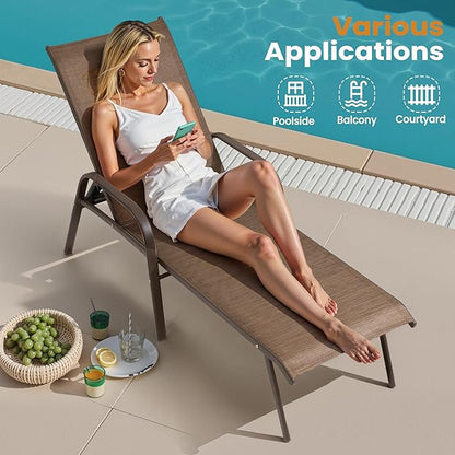 Crestlive Outdoor Chaise Lounge Chair,5-Position Pool Lounge Chairs with Armrests Sunbathing Recliner for Patio,Beach,Deck,Yard (2PC Brown)