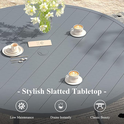 Outdoor Dining Table for 8, 60" Round Outdoor Table with Adjustable Umbrella Hole, All-Weather Metal Patio Dining Table for Lawn Garden Backyard Deck, Dark Grey
