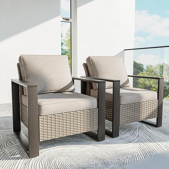Patio Chairs Set of 2, Outdoor Wicker Chair Metal Patio Furniture with Deep Seating, Thicken Cushions for Deck, Porch, Yard Use (Beige, 2 PCS/Chairs)