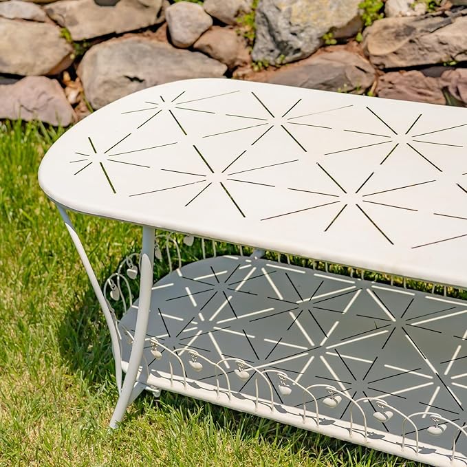 Zaer Ltd. Vintage Style Metal Patio Furniture with Heart Design Accents, Outdoor/Indoor Decor (Distressed White, Coffee Table)