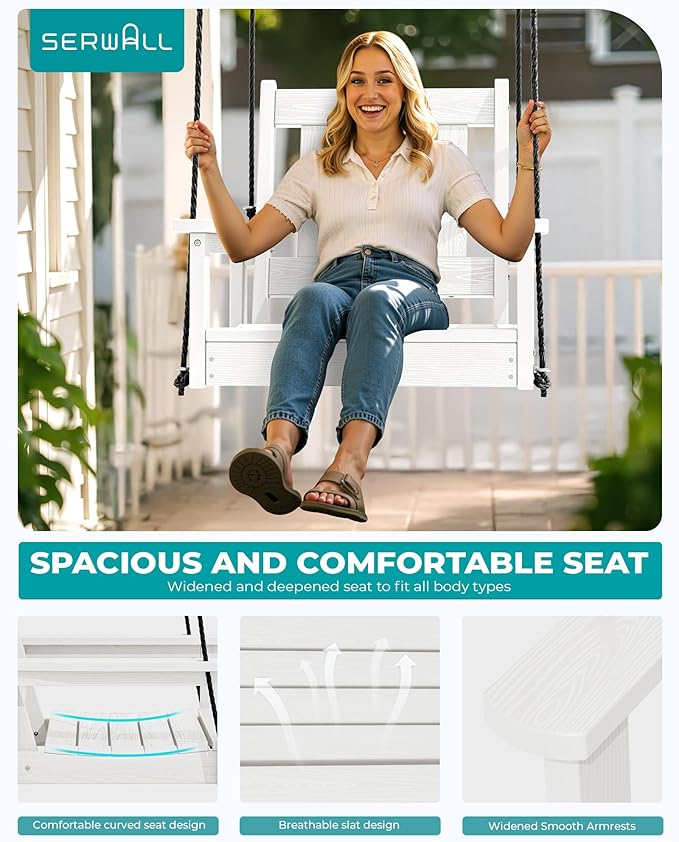 SERWALL HDPE Single Porch Swing Set of 2, Heavy Duty Single Person Swing Chair with 2 Polypropylene Hanging Ropes - Photo 9
