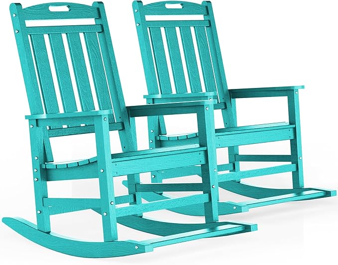 LOUNZY Outdoor Rocking Chair with Footboards Set of 2, HDPE Rocking Chair Patio Porch Rocker with 380lbs Support for Adult, Aruba