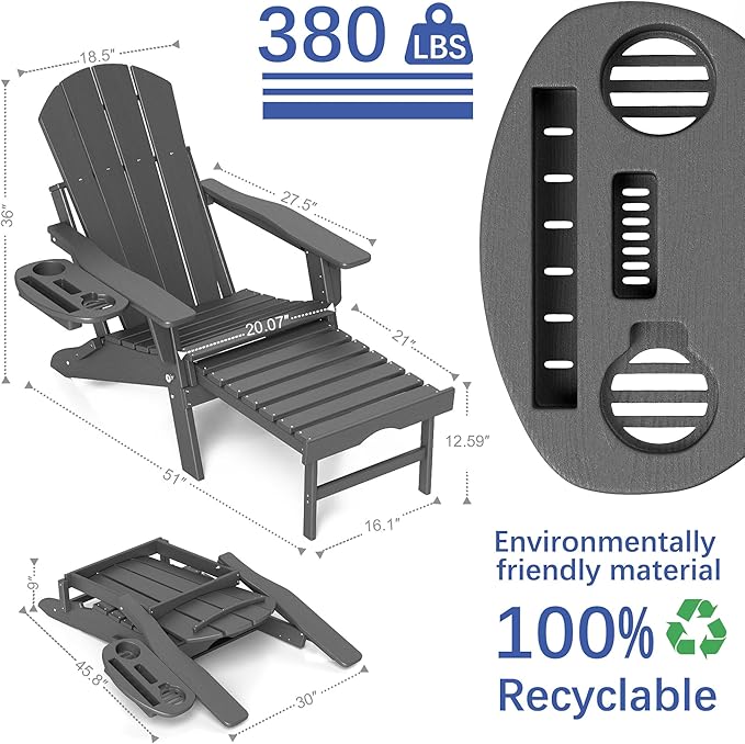 FOOWIN Adirondack Chair with Retractable Ottoman,HDPE Folding Adjustable Adirondack Chair w/4 in 1 Cup Holder Trays,All-Weather Resistant Fire Pit Chair for Outdoor Patio Lawn Set of 6