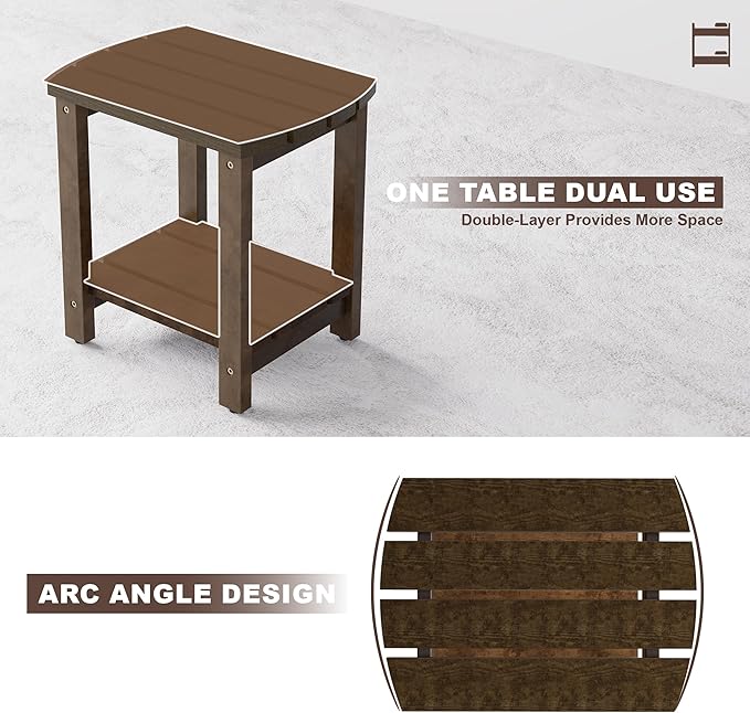 Adirondack Side Table, Double Outdoor Side Tables 18" Solid End Tables, Small Outdoor Coffee Table Pine Wood Weather Resistant for Patio, Backyard,Pool (18-Dark Brown, Set of 2)