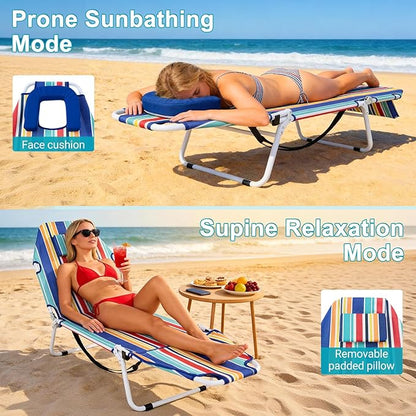 MOPHOTO Beach Tanning Chair, 5-Position Tanning Chair with Padded Face-Hole, Heavy Duty Folding Chaise Lounge for Beach, Pool, Patio & Sunbathing