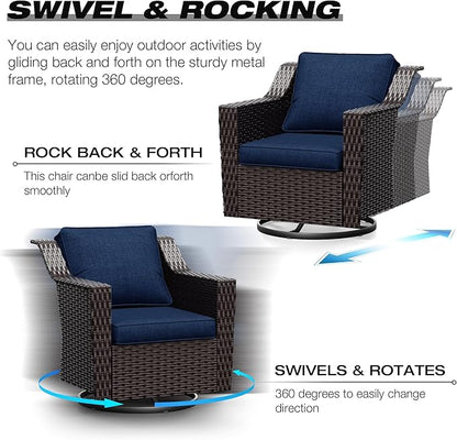 Joyside Wicker Patio Furniture Sets, 9 Pieces Upgraded Large Size Outdoor Furniture with 4 Swivel Rocking Patio Chairs, 3-Seat Sofa, Outdoor Ottoman, Thick Cushions, Wide Armrest, Blue