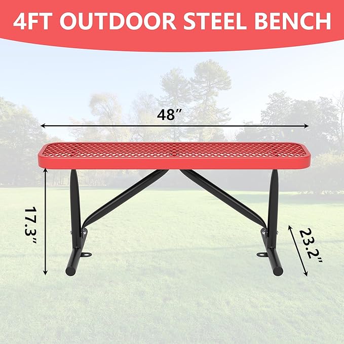 Park Benches for Outside, 72" L Red Metal Backless Bench Weatherproof Porch Furniture Patio Seating, Commercial Heavy Duty Bench for Outside, Lawn, Backyard, Park, Deck, Garden, Patio, School