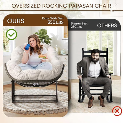 Large Indoor Rocking Chair, Oversized Rocking Papasan Chair with Thick Cushion and Frame,Comfy Corduroy Rocker Wicker Egg Chairs Lounge Reading Chair for Living Room, Bedroom, Apartment, White