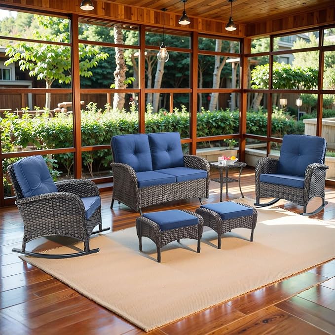 Belord Outdoor Glider Bench Patio Loveseat - 500 Lbs Weight Capacity 2 Seater Wicker Sofa, Small Porch Glider Furniture All Weather Rattan Couch with Removble Cushion for Balcony Deck Backyard, Brown