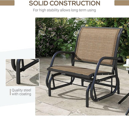 Outsunny Porch Glider, Metal Frame Swing Glider Chair with Breathable Mesh Fabric, Curved Armrests and Steel Frame for Garden, Poolside, Backyard, Balcony, Light Mixed Brown