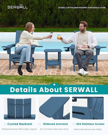 SERWALL Modern Folding Adirondack Chair Set of 8, Weather Resistant Outdoor Adirondack Chair with Dual Cup Holders, HDPE Fire Pit Chairs for Patio Lawn Garden, Blue
