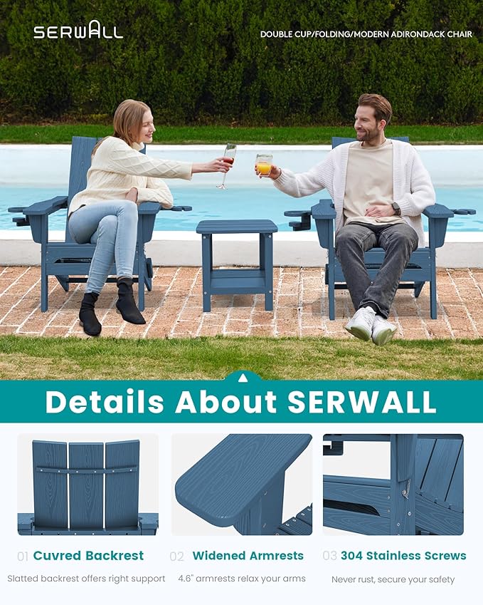 SERWALL Modern Folding Adirondack Chair, All Weather Resistant Outdoor Adirondack Chair with Dual Cup Holders - Photo 5