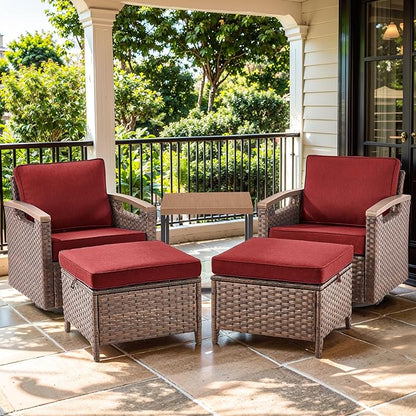 Luxury Outdoor Swivel Rocker Patio Chairs with Metal Side Table - 5 Piece Heavy Duty Furniture Set All Weather Wicker Conversation Set with 2 Ottomans for Porch Poolside and Deck - Red