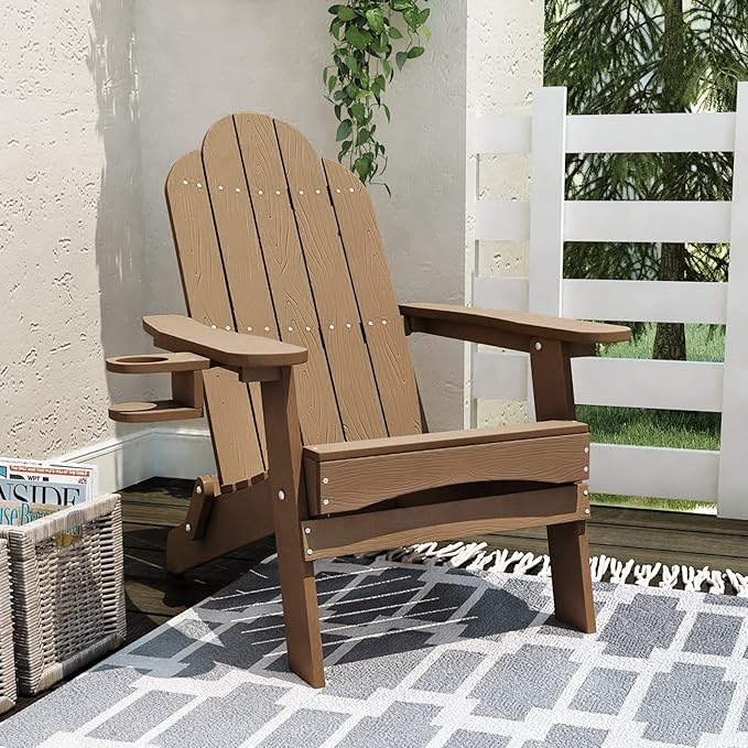 LUE BONA Folding Adirondack Chair, Cup Holder, Woodgrain, Fire Pit, Patio, Pool, Brown