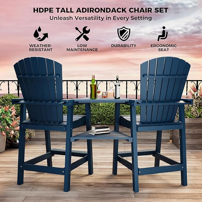 2-Pack High Back Adirondack Bar Stools with Connecting Tray, All-Weather HDPE Recycled Plastic Outdoor Bar Chairs, Umbrella Hole, Built-in Footrest, 350lbs Capacity for Deck/Patio/Backyard, Sea Blue