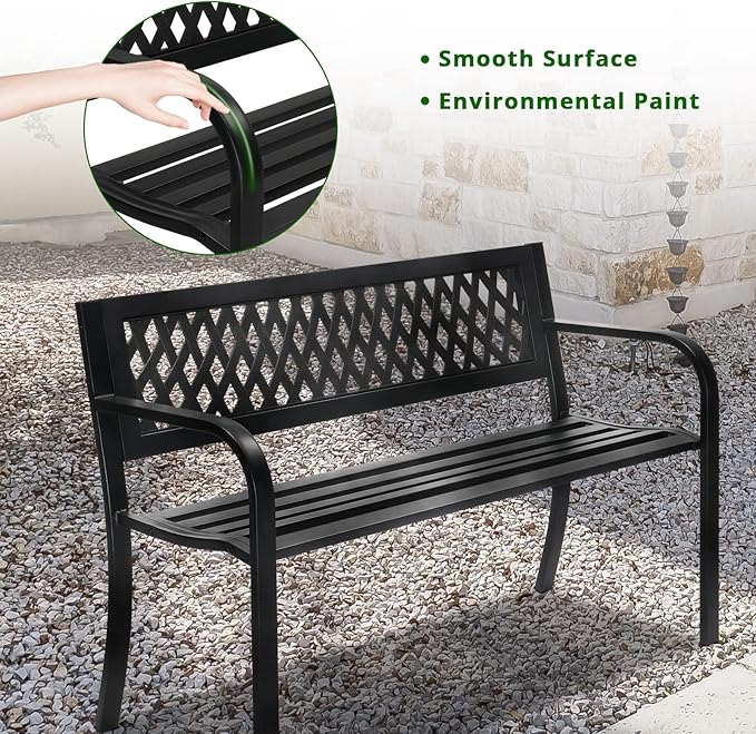 Patio Park Garden Bench Outdoor Metal Benches,550 lbs Cast Iron Steel Frame Chair w/PVC Mesh Pattern - for Park Yard Front Porch Path Yard Lawn Decor Deck Furniture,Black, 1