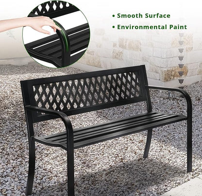 47" Heavy-Duty Iron Outdoor Bench with PVC Backrest – Weather-Resistant, 550lbs Capacity, Comfortable Curved Seat for Garden, Patio, Porch, Park – Easy Assembly, Black