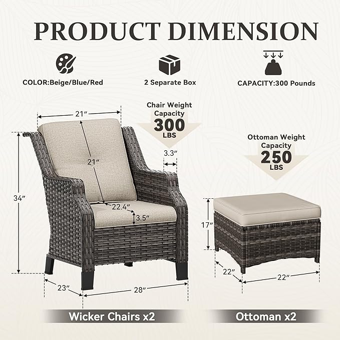 Wicker Patio Furniture Set - 4 Piece Rattan Outdoor Conversation Sets with 2 Wicker Patio Chairs, 2 Ottomans for Garden - Photo 2