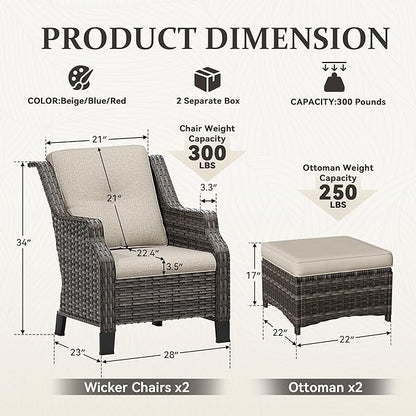 Wicker Patio Furniture Set - 4 Piece Rattan Outdoor Conversation Sets with 2 Wicker Patio Chairs,2 Ottomans for Garden, Backyard, Balcony and Deck
