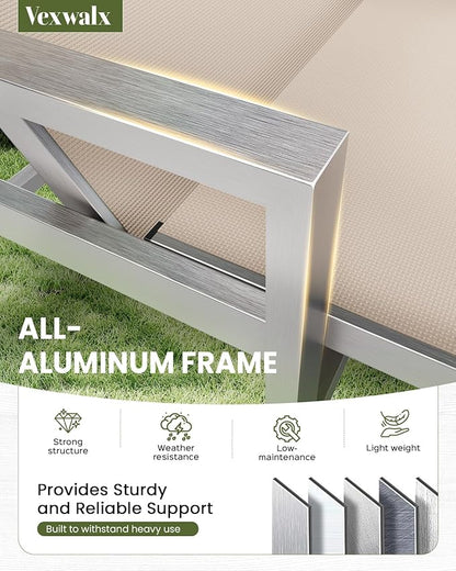 Patio Chaise Lounge Chair Outdoor with Wheels&Armrests, Aluminum Pool Lounge Chairs Five-Position Adjustable Recliner with Side Table, Outdoor Beach Lounge Chairs for Poolside, Deck, Garden, Khaki