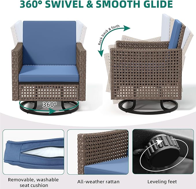 YITAHOME Outdoor Swivel Chair 3 Pieces, Wicker Patio Furniture, Porch Furniture, Swivel Wicker Patio Chairs with Rattan Side Table, Thickened Cushions for Porch, and Yard, Blue