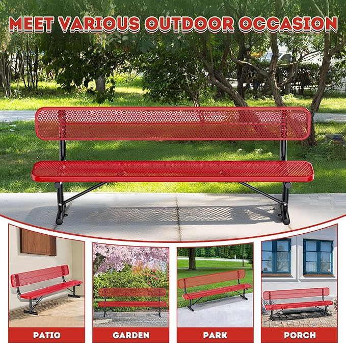 Thermoplastic Coated Iron Park Bench for Outside, Heavy Duty Metal Garden Bench, Expanded Commercial Grade Seating for Shopping Malls, Lawn Yard Porch Entryway (Red with Backrest, 96IN)