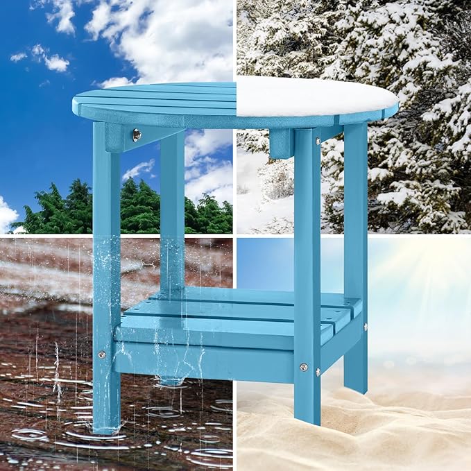 Adirondack Outdoor Side Tables, 2-Tier Round Outdoor Table, Weather Resistant HDPE Patio End Table for Garden, Lawn, Pool, Beach, Porch, Deck, Backyard - Turquoise