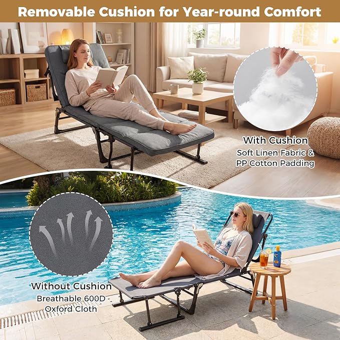Tangkula Lounge Chair Outdoor with Cushion, 3 in 1 Convertible Outdoor Indoor Heavy Duty Folding Chaise Lounge Chair with 6-Position Adjustable Backrest & Flip-up Pillow (2,Gray)