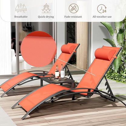 AthLike 3 pcs Poolchairs Patio Chaise Lounge Set with Headrest, 5-Level Adjustable Sunbathing Tanning Poolside Recliner Chairs with Side Table for Outdoor Beach (Orange)